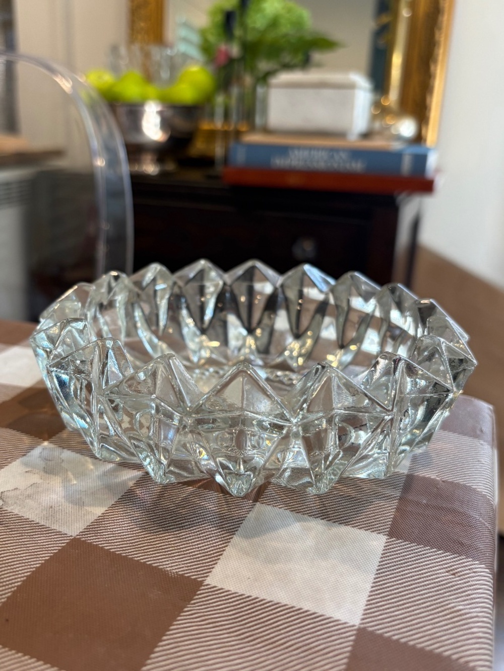 Vintage KIG Malaysia Clear Glass Diamond Cut Starburst Dish Ashtray 6"